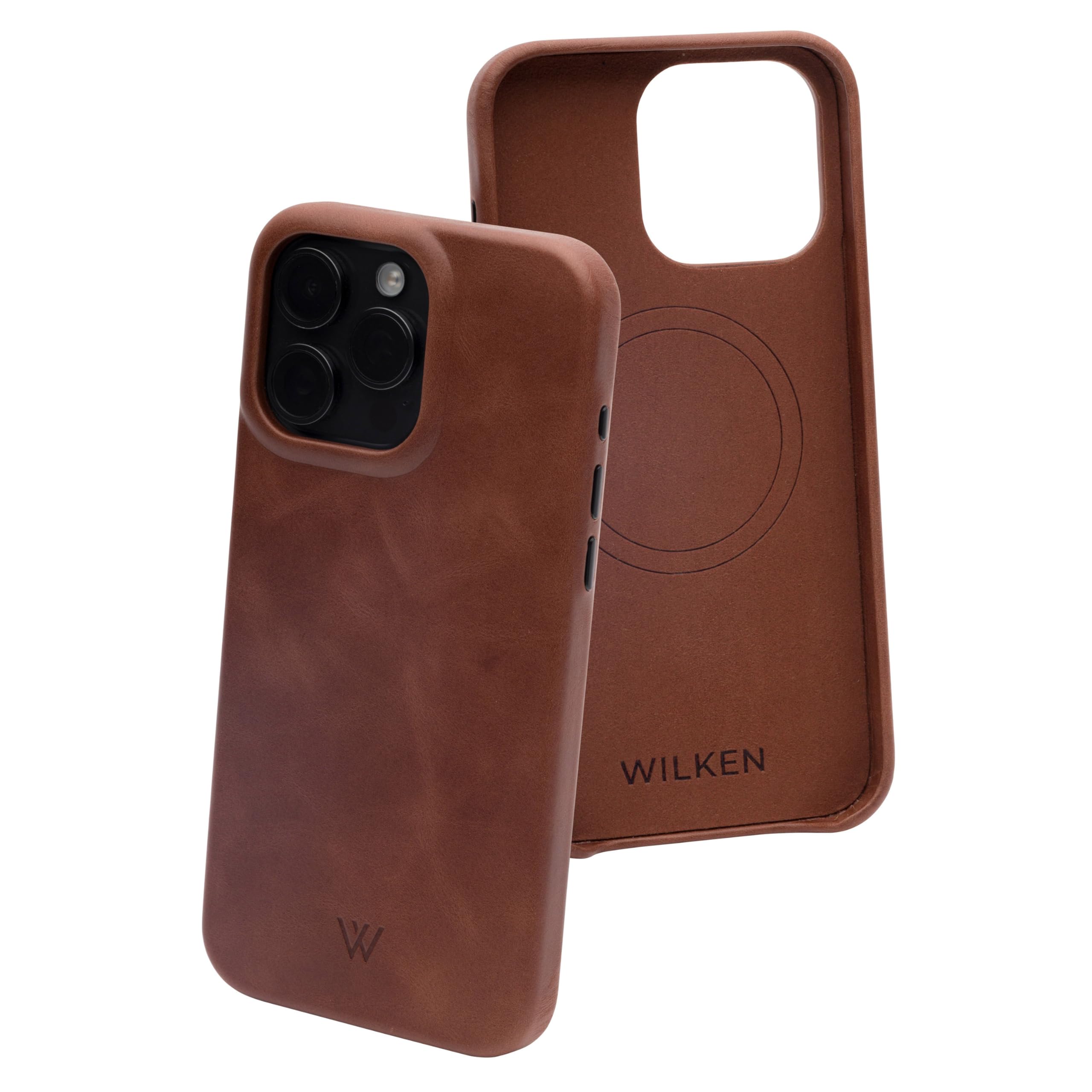 Wilken Leather Slim Phone Case Compatible with iPhone 15 Pro Max | Compatible with MagSafe & Wireless Charging | Premium Top-Grain Leather Cover with Metal Buttons (15 Pro Max, Brown)