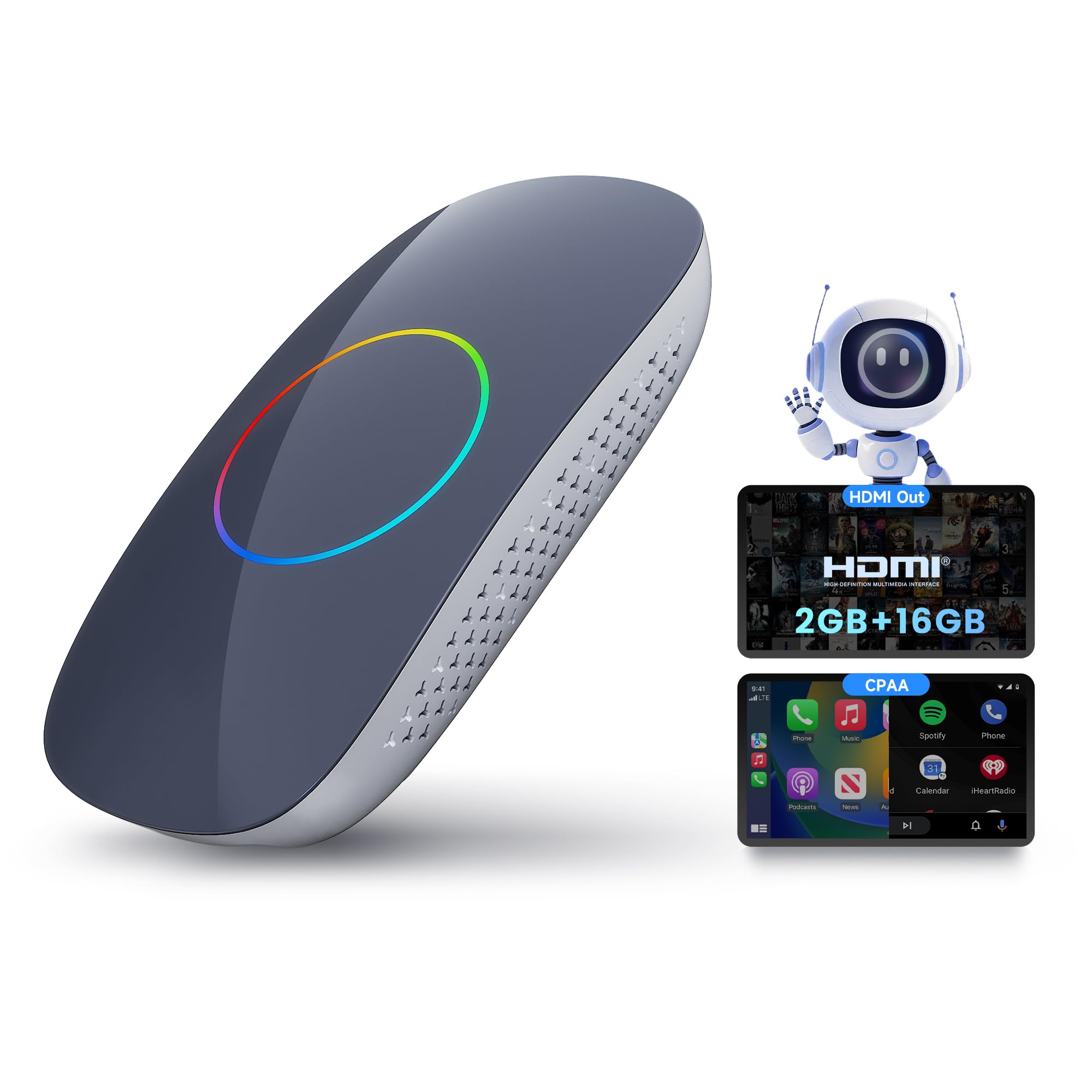 ATOTOOUT【AI Box CarPlay】AIボックス、ワイヤレスCarplay・Android Auto対応、2GB+16GB 、動画配信アプリ視聴可能（YouTube・Netflix・Prime Video・Spotify）、HDMI出力、内蔵デュアルWi-Fi・デュアルBluetooth・AI搭載、USB拡張対応・プラグ＆プレイ・OTAアップデート対応、CB4CT (グレー)