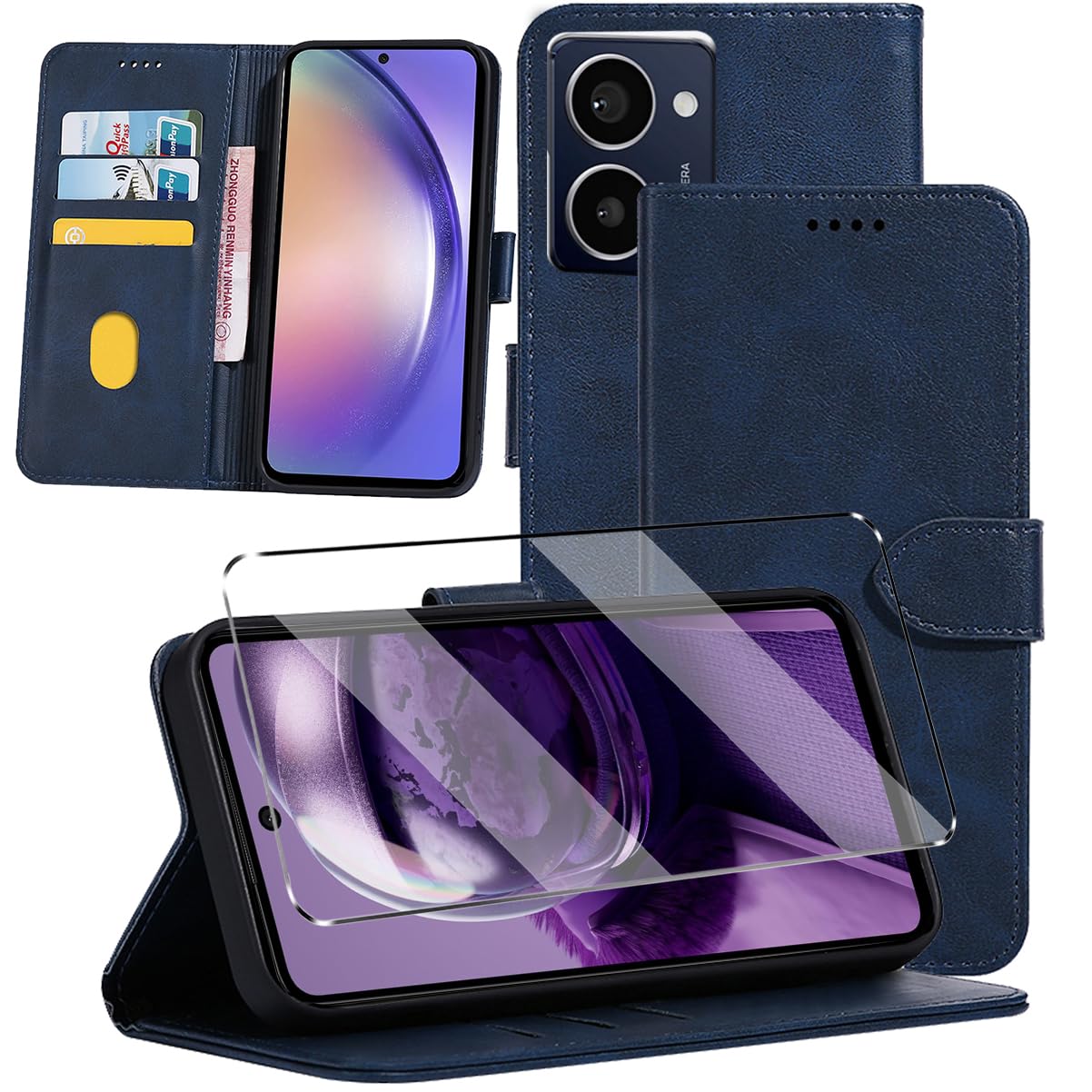2-in-1 Case Compatible with HMD Pulse Pro/ Pulse Plus Leather Phone Case, Wallet Case Cover [Card Slots] [Kickstand] Magnetic Closure Full Protection Book Folio Design wallet flip phone case - Navy