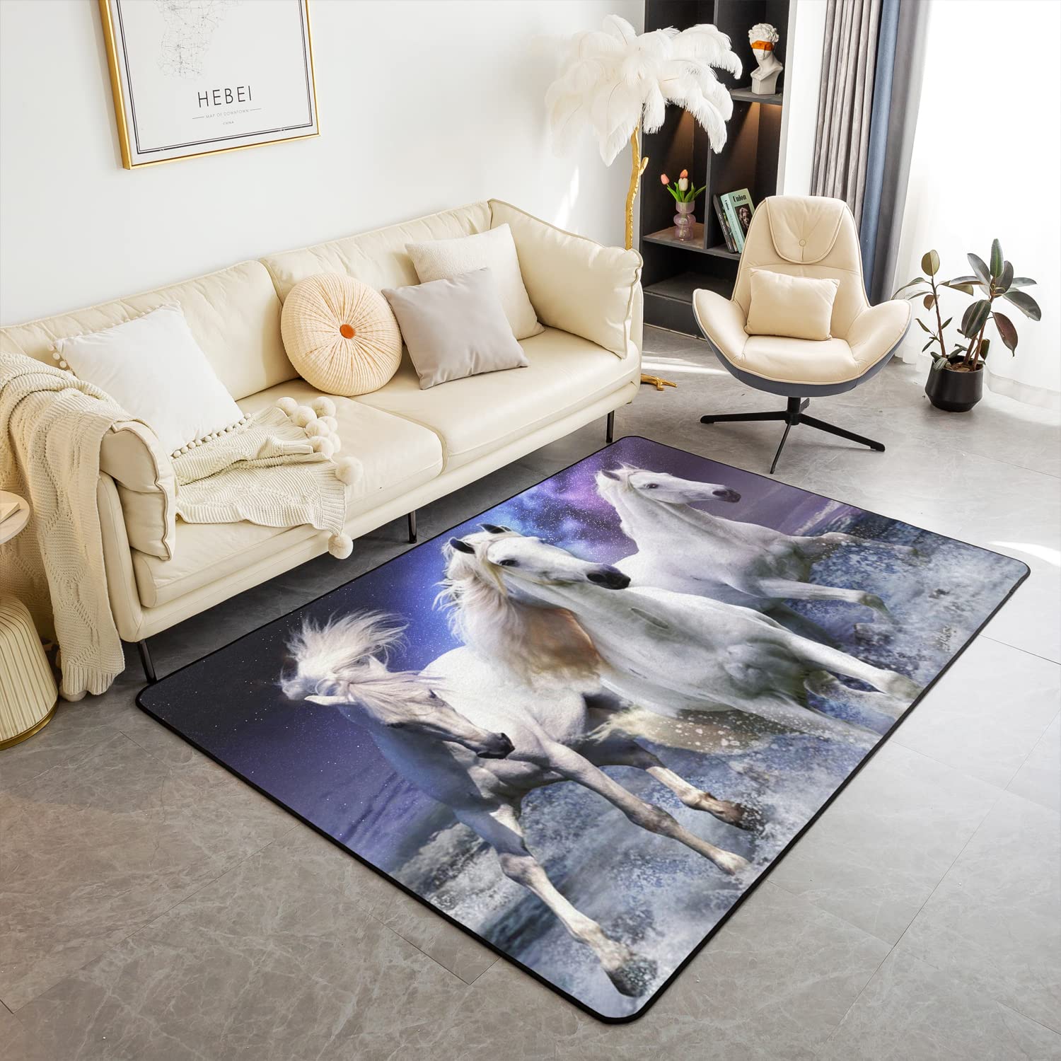 Loussiesd Horse Rugs for Living Room Bedroom Shag Carpet Rugs White Galloping Horse Decor Extra Soft Accent Rug for Room Living Room Bedroom Multifunctional Rugs 100 * 150cm