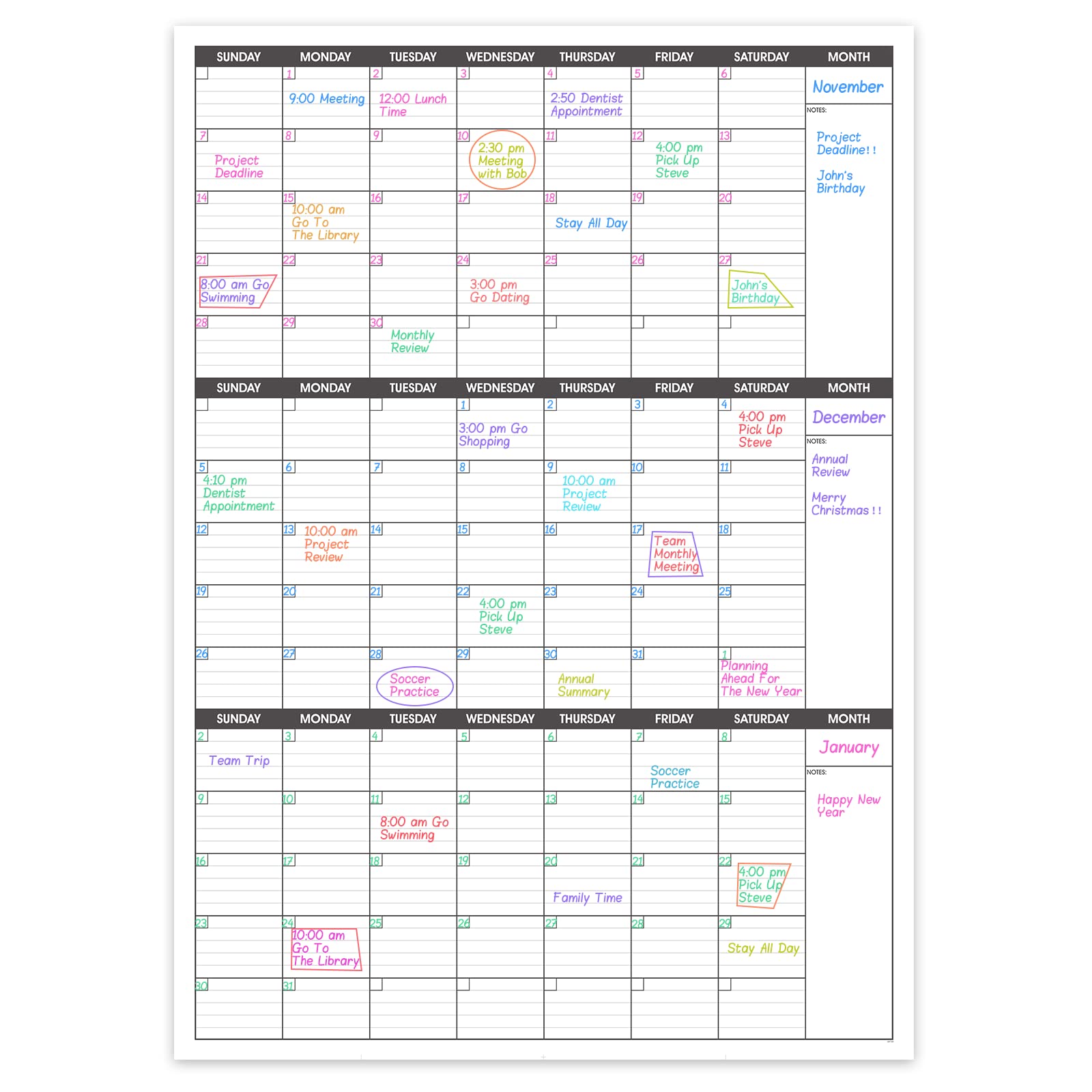 Dry Erase Wall Calendar Vertical 3 Month Organization Blank Reusable Whiteboard Undated Large 70.5x104cm for Office Classroom