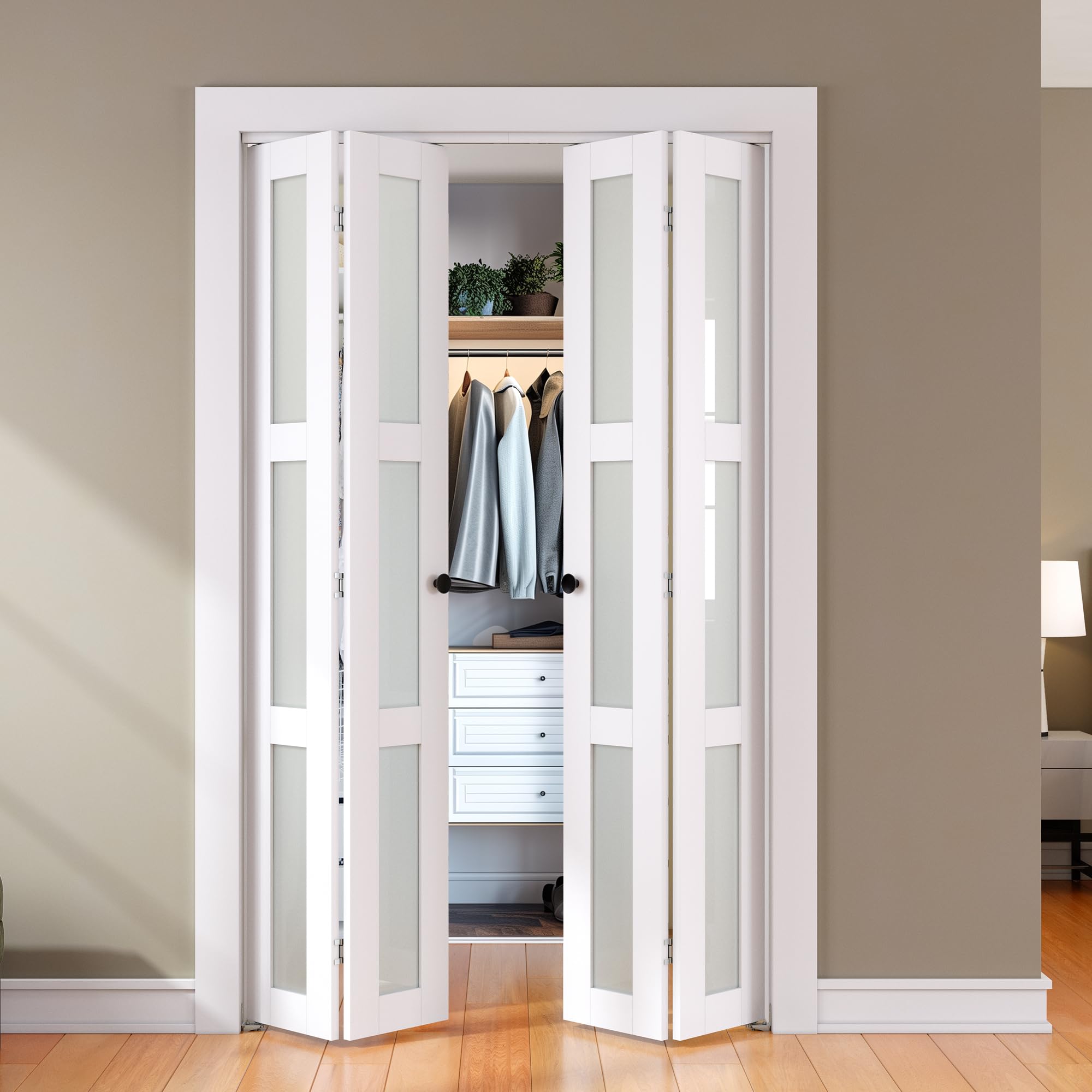 Photo 1 of ***UPDATED 4/25***SMARTSTANDARD Bifold Door, for 48"x 80" Opening,Tempered Frosted Glass Closet Folding Barn Door with Hardware Kit, Water-Proof PVC Surface,Easy Install,White