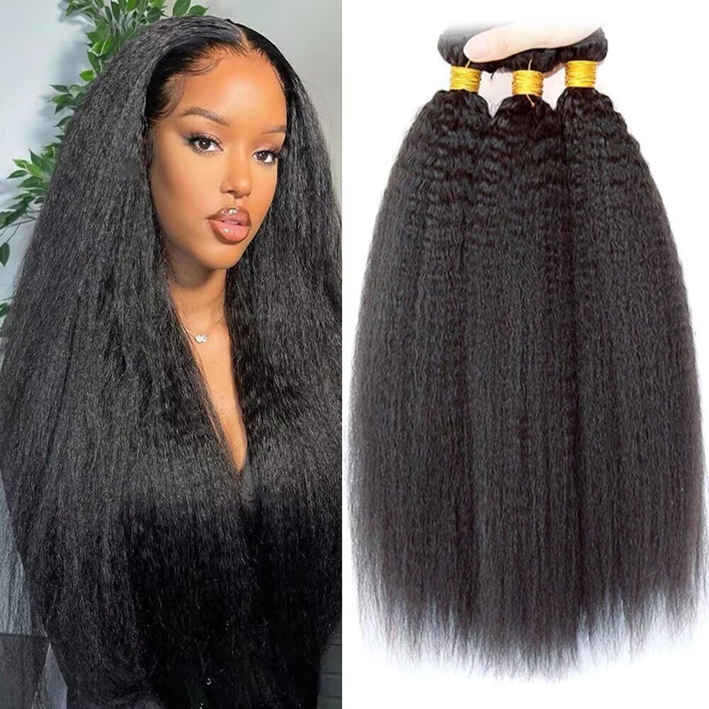 Ladiaryf Yaki Straight Bundles Human Hair Bundles 12 14 14 inch Kinky Straight Hair 3 Bundle 10A Brazilian Kinky Straight Human Hair Weave For Black Women Natural Color