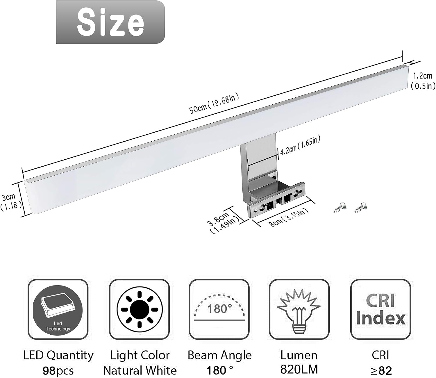 Aourow LED Mirror Bathroom Lamp 10W 820lm 40cm Neutral White 4000K, 3 in 1 IP44 230V, Nickel-Chrome Alloy Steel Cabinet Light - Image 3