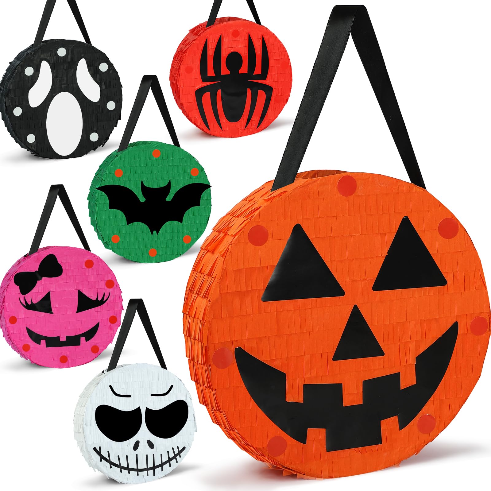 Photo 1 of 10" Mini Halloween Pinata Set - Spider, Pumpkin, Bat, Skeleton, Skull, Black Cat Pinatas for Party decoration | Treat Buckets and Halloween Basket for kids