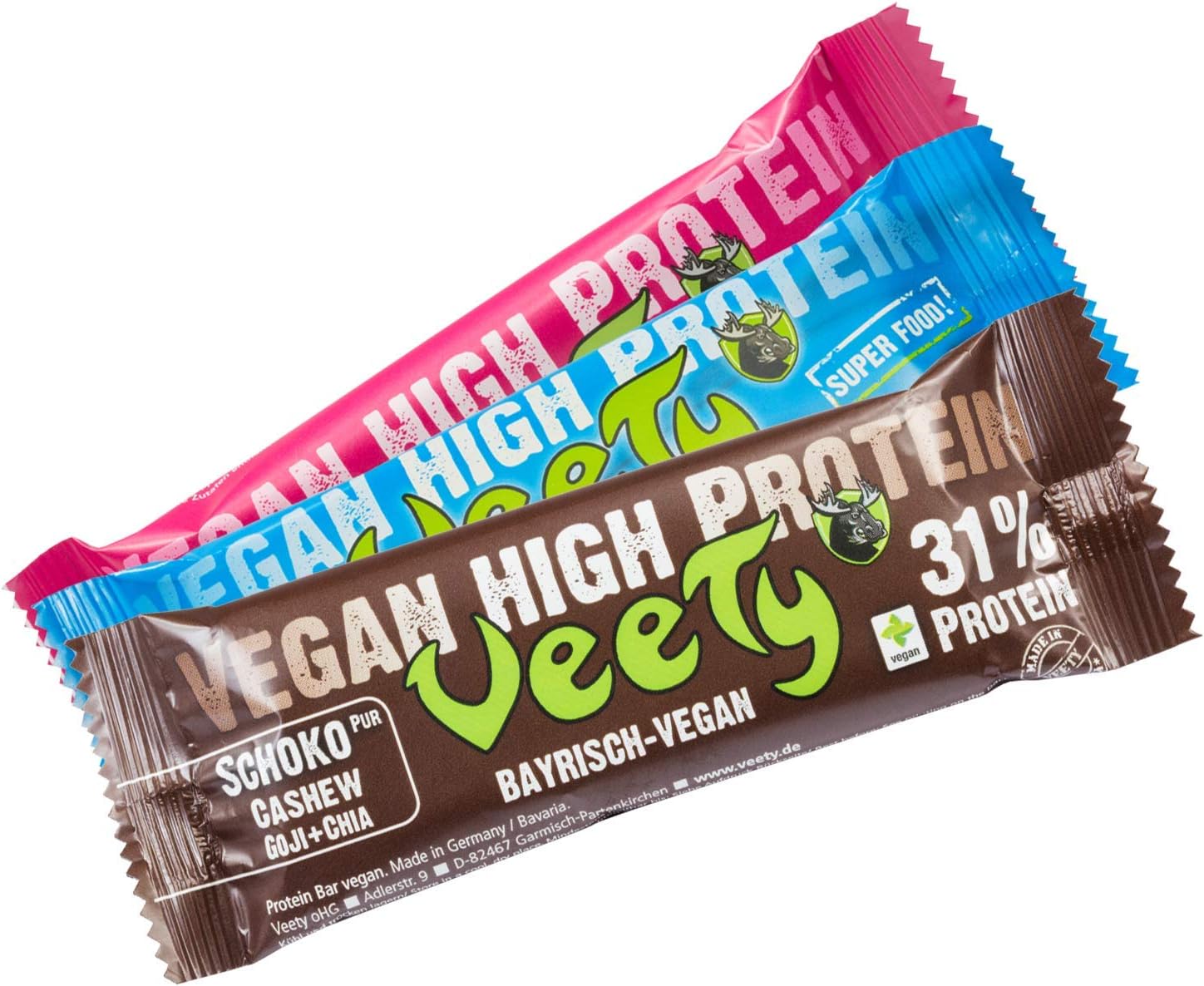 Veety - Vegan High Protein Bar Mixed Case - Superfood (Goji, Quinoa, Chia) Rice Pea Hemp Protein Vegan Natural Raw Made in Bavaria, 3 x 48g