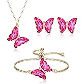 Crysdue Sparkling Cubic Zirconia Butterfly Necklace Stud Earrings Adjustable Slider Bracelet Jewelry Set, Birthday/Valentines/Mothers Day/Christmas Jewellery Gift for Women