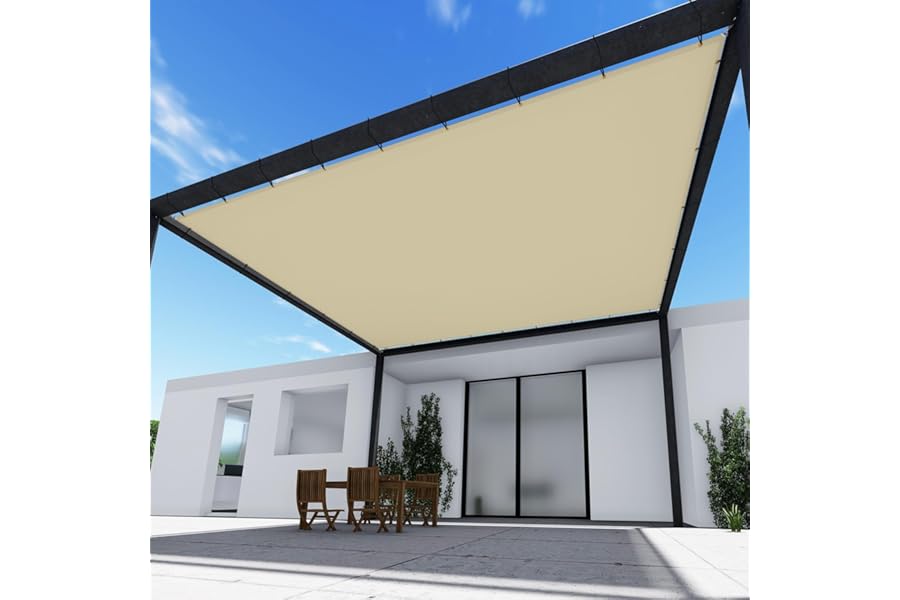 TANG 11' x 16' Waterproof Shade Cloth with Grommets, Sun Shade Sail Rectangle Straight Side, 260 GSM UV Block Fabric Patio Canopy for Deck Carport Backyard Pergola Cover, Beige