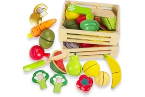WoodenEdu Cutting Toys Set for Kids Kitchen,Wooden Pretend Play Food Kitchen Cutting Fruits and Vegetables,Fake Food with 2 Boxs,Educational Toys for Boy Girl 1 2 3 Year Old Birthday Gift