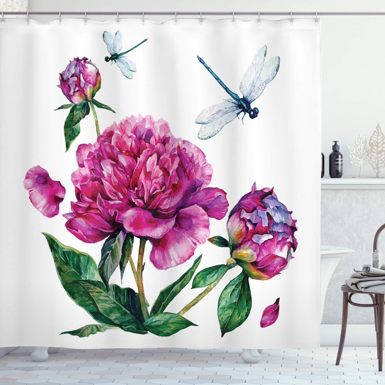 ABAKUHAUS Flower Shower Curtain, Watercolor Peonies and Dragonflies Blossoming Spring with Romantic Feminine Bouquet, Cloth Fabric Bathroom Decor Set with Hooks, 175 x 220 cm, Multicolored — image 1