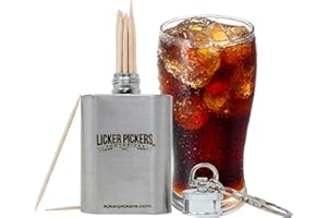 LICKER PICKERS TOOTHPICKS PROUDLY MADE IN DALLAS TEXAS . UNITED STATES OF AMERICA Licker Pickers Bourbon & Coke Flavored All White Birchwood Toothpicks-25 Liquor-Infused Picks with Bonus 2oz stainless steel Flask