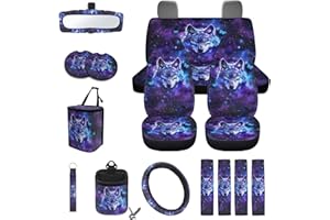 Wanyint Galaxy Wolf Butterfly 15 PCS Car Seat Cover Full Set with Steering Wheel Cover Seat Belt Strap Pads Cup Coasters Trash Bag Air Vent Storage Bag Rearview Mirror Cover Keychain Auto Decoration