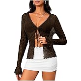 Milumia Women's Y2K Textured Tie Front Sheer Cardigan Lettuce Trim Long Sleeve Rave Top Cover Ups