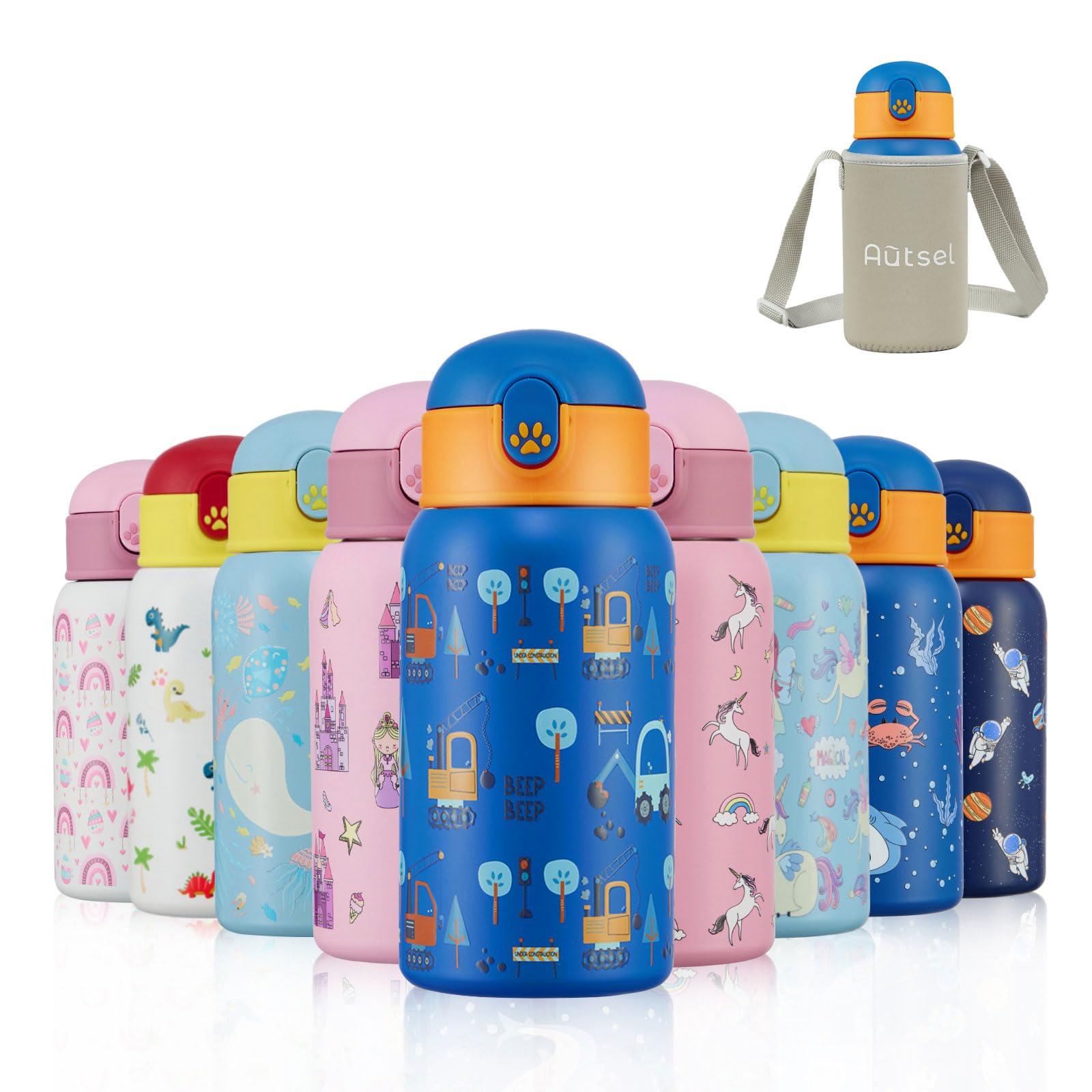 Autsel Kids Water Bottles with Straw 500ml, Childrens Insulated Water Bottle Stainless Steel BPA-Free, Kids Metal Water Bottle for Girls/Boys, Keep Hot/Cold
