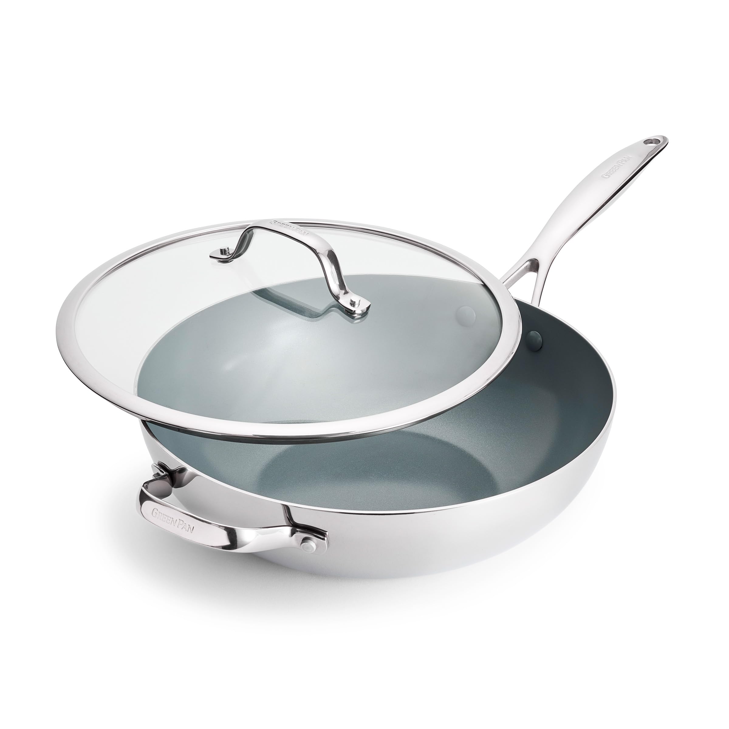 GreenPan Valencia Pro Tri-Ply Stainless Steel 12” Wok with Lid, Healthy Ceramic Nonstick PFAS-Free PFOA- Free Coating, Multi Clad Cookware, Induction, Dishwasher Safe, Oven and Broiler Safe