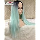 K’ryssma Cheap Glueless Ombre Full Machine Made Wig Long Straight Synthetic Hair Black Roots Ombre Mint Green Middle Part None Lace Cosplay Wigs For Black Women Christmas Heat Resistant 22 Inch