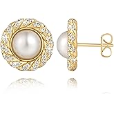 vuiikhir Pearl Earrings for Women Gold Earrings for Women 14K Gold Studs Earring for Womens Pearl Stud Earring for Womens Stud Pearls with Cubic Zirconia Graceful and Fashionable Vibe Pearls Studs 15mm
