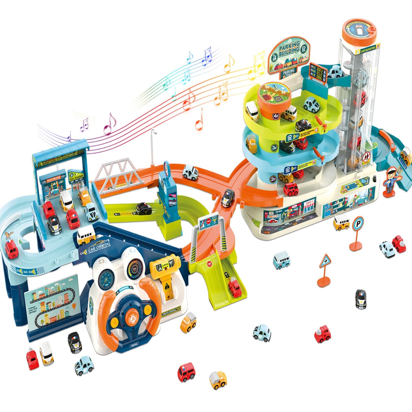 Photo 1 of Fisca 2-in-1 Race Car Tracks PlaySet for Kids, Toy Car Ramp Track and Lifting Parking Lot, Dual Mode Toddler Car Track Toy Playset with 6 Cars, Automatic Rotary Elevator, Steering Wheel Music Driving