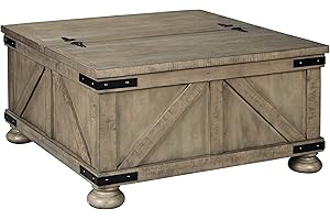 Signature Design by Ashley Aldwin Farmhouse Square Coffee Table with Lift Top for Storage, Grayish Brown