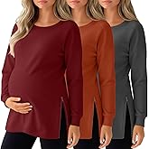 Sweetyweee 3 Pack Women's Maternity Shirts Long Sleeve T-Shirts Cotton Zipper Split Side Tops Casual Loose Pregnancy Clothes