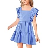 Imily Bela Girls Square Neck Summer Dress Ruffle Sleeve A-line Swing Casual Party Mini Dresses 5-14 Years