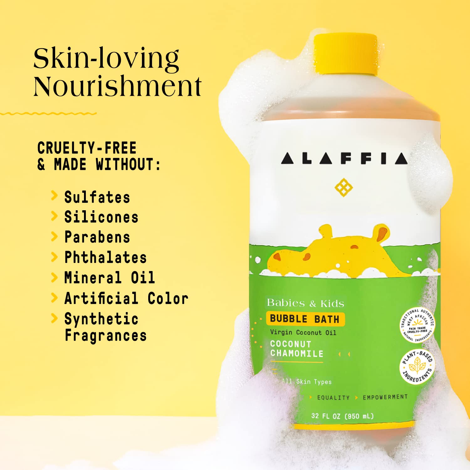 Alaffia Babies & Kids Bubble Bath, Coconut Chamomile, Pump Included – Gentle Cleanser with Raw Shea Butter and Yarrow, 32 Fl Oz