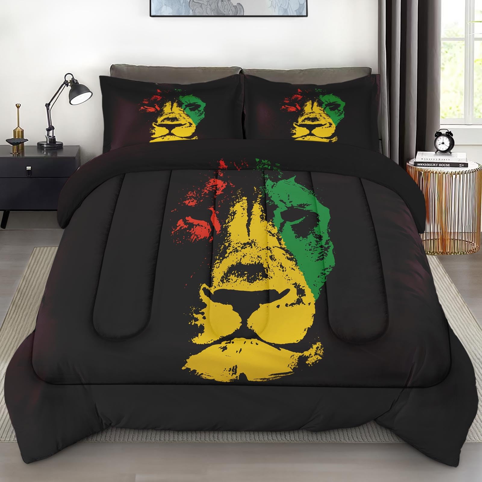 Photo 1 of Pamnest Comforter Set Queen Size, Lion African Yellow Soft 3 Pcs Bedding for Kids and Adults, Green Red Black Rasta Comforter Set with Pillowcase, for Bedroom Bed Decor