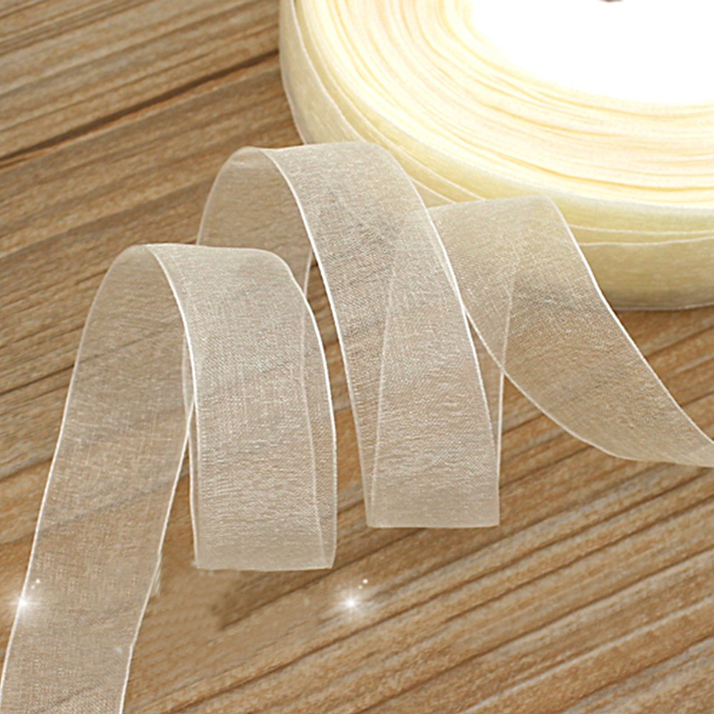 SHiZAK 200Yards 9mm Beige/Creamy Woven Edge Organza Ribbon for Wedding Favor Box Decoration, Gift Packaging, Festival Flower DIY Making ect.