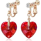 Austrian Crystal Heart Drop Clip On Dangle Earrings for Women Non Pierced 14K Rose Gold Plated Hypoallergenic Jewelry