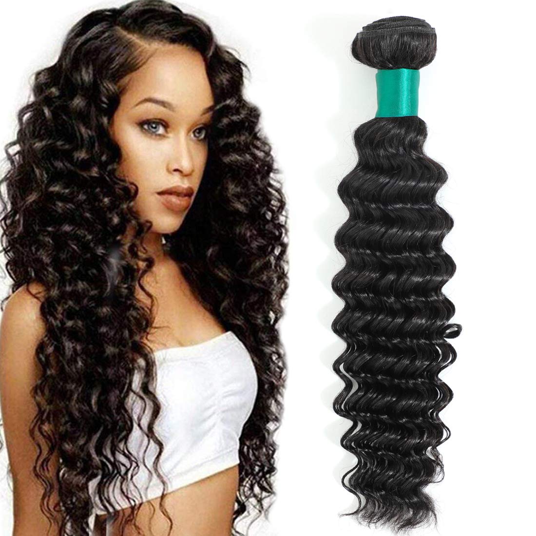 Misoun Hair Brazilian Virgin Hair Deep Wave Bundles One Bundle Unprocessed Virgin Remy Human Hair Extension Deep Curly Hair Weave Natural Black Color 20inch