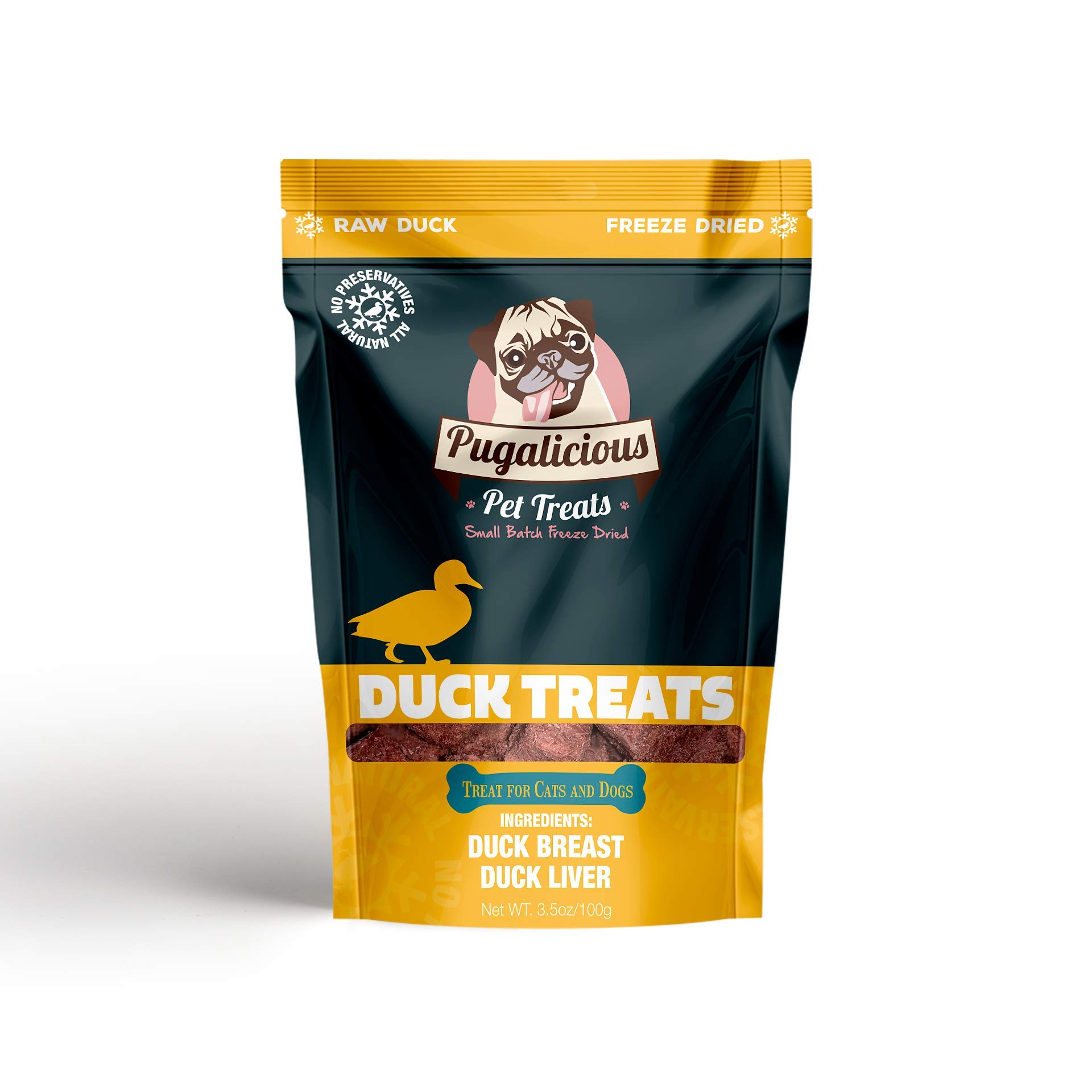 Pugalicious Pet Treats (3.5oz/100g (1 Bag) for Dogs & Cats, Made in USA, Freeze Dried, 100% Duck Meat and Liver, No Added Preservatives, All Natural, Pet Training Treats …