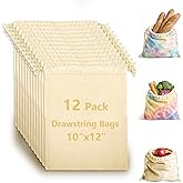 OKBA 12 Pack Cotton Muslin Drawstring Bags – Reusable Cloth Bags for Storage, Produce & Bread Storage, Gift Packaging, DIY Crafts, Eco-Friendly & Lightweight (10x12 inch)