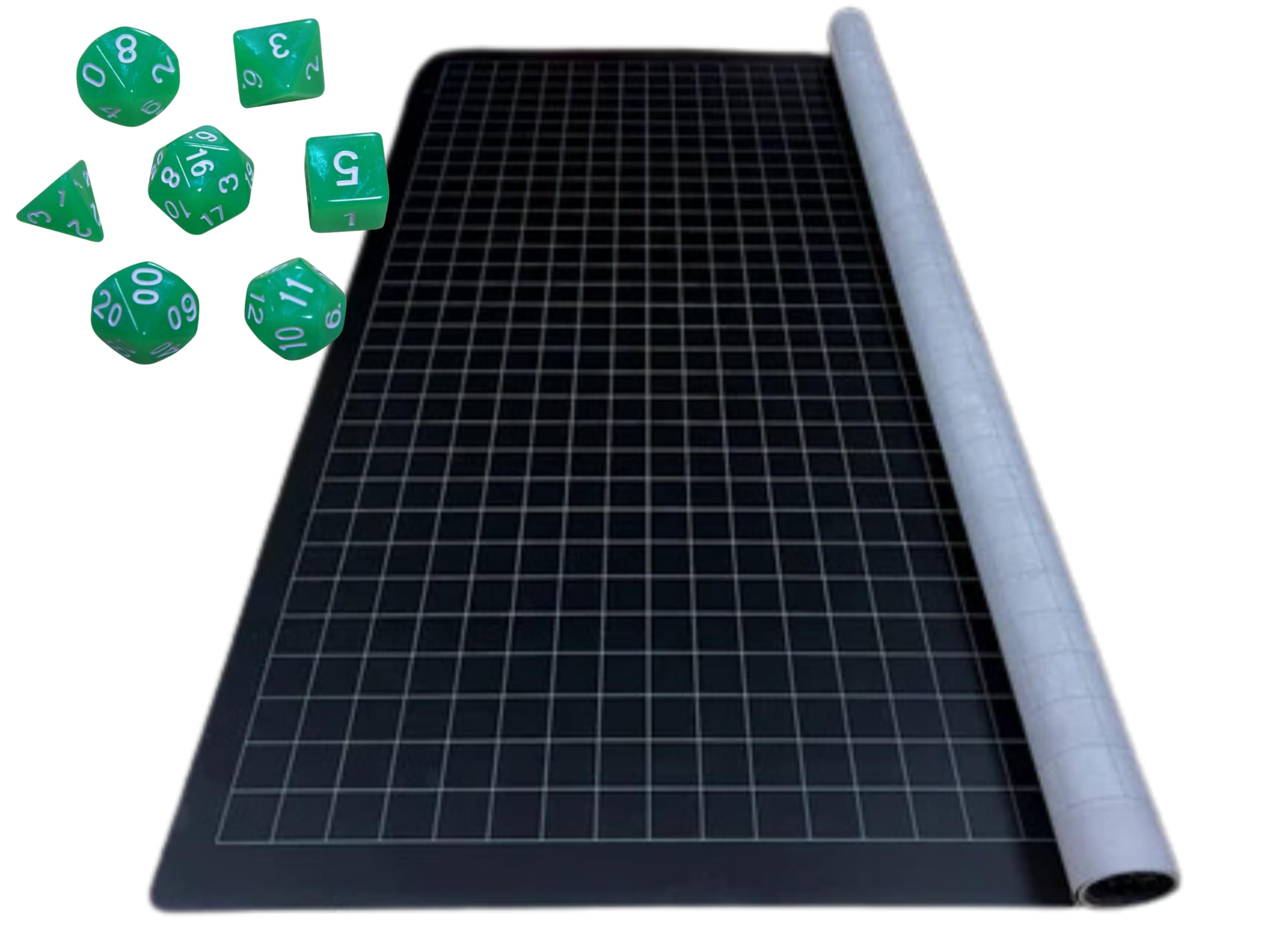 Chessex DnD Battle Mat - Black Grey Neoprene Mat 48"x34.5" - Double Sided DnD Map Grid with One Inch Squares - Green Polyhedral Dice Set - Role-Playing Dry Esase Battle Grid - Adventure Grid Battlemap