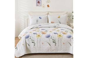 Dinjoy Floral Quilt Set Queen 3 Pieces Blue & Yellow Quilts Bedding Set Bohemian Bedspread Bed Cover Lightweight Spring Summer Beds Coverlet for All Season(96"x90")