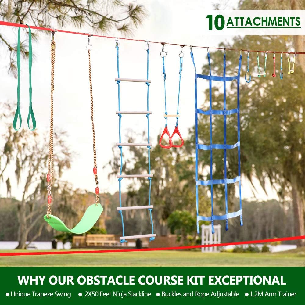 Ninja Warrior Obstacle Course for Kids - 2X50FT Ninja Slackline with Most Complete Accessories for Kids, Swing, Trapeze Swing, Rope Ladder, Obstacle Net Plus 1.2M Arm Trainer (Double Line Design): Toys & Games