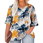 Chulianyouhuo Womens Plus Size Tops 3/4 Sleeve Casual Shirts V Neck Ruffle Loose Fit Tunic Blouse XL-5X