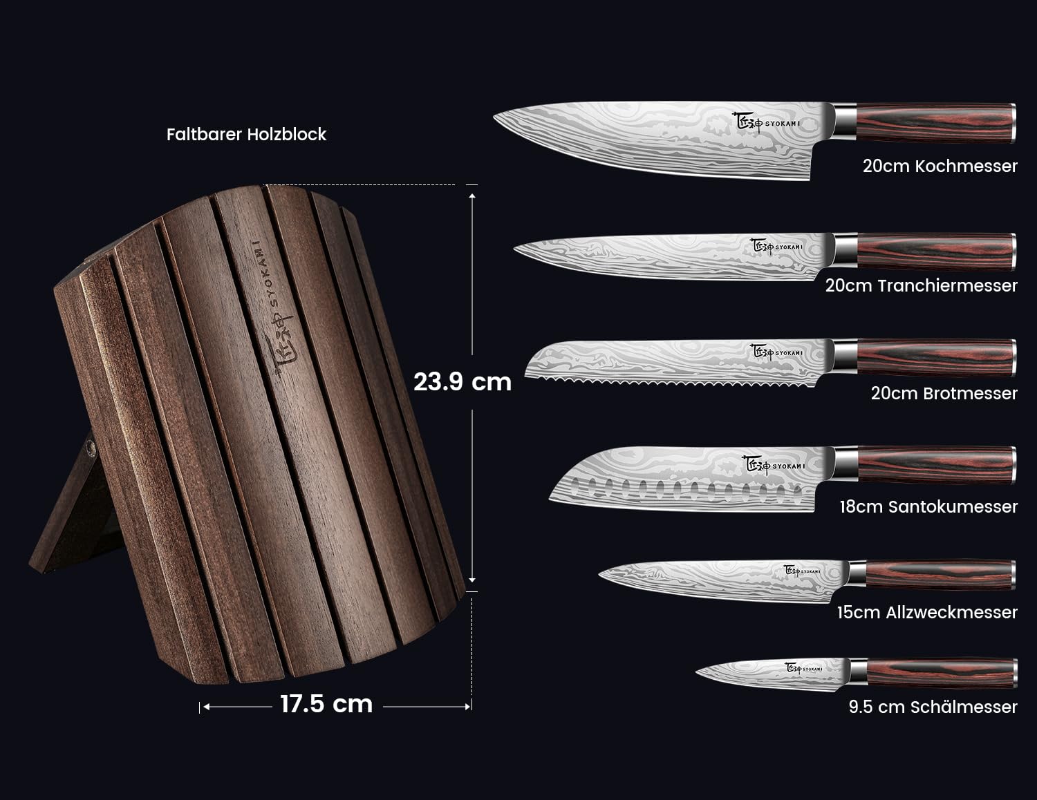 SYOKAMI Messerset 7-teiliges Küchenmesser-Set im japanischen Stil mit faltbarem magnetischem Akazienholzblock, scharfer Karbonstahl für die Küche mit rutschfestem ergonomischem Griff 7