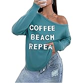 MNLYBABY Off The Shoulder Knitted Graphic Sweater Drop Shoulder Sweatshirt Loose Pullover Casual Long Sleeve Tops