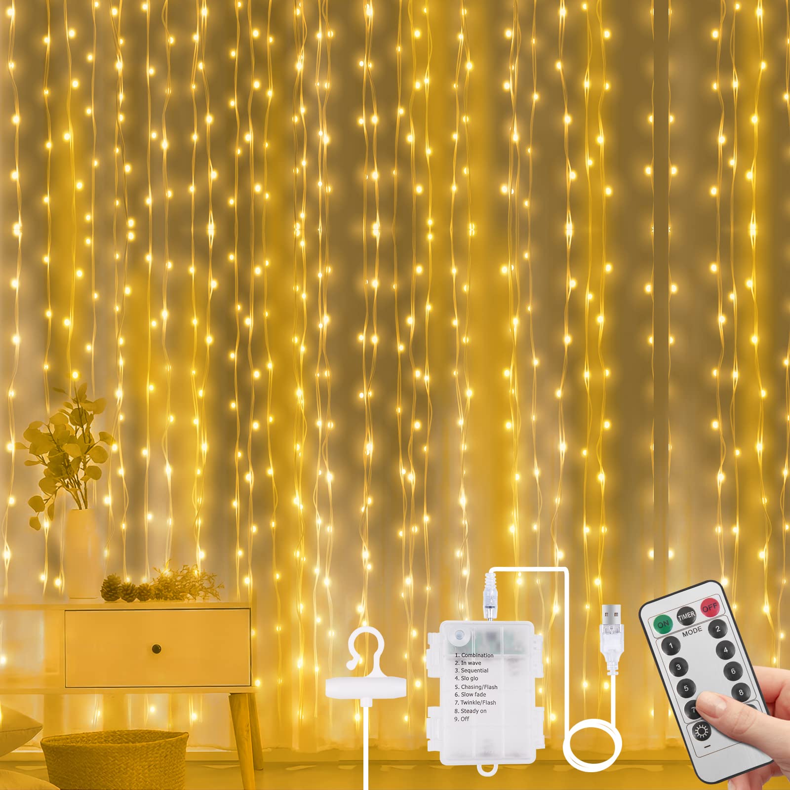 Vicloon 3mx3m Curtain Fairy Lights, 300 LED Curtain Lights, Waterproof Window String Light with Remote Control Timer for Decorate, Outdoor, Indoor, Party, Bedroom — image 1