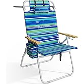Tall Beach Chairs for Adults, 17" High Backpack Beach Chair with Wooden Armrests, 5 Positions Reclining Heavy Duty Chair with Large Cooler Pouch, Support to 350LBS Striped Blue&Green,1pack