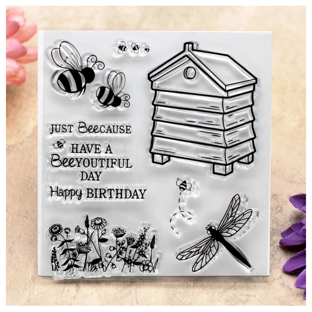 Kwan Crafts Happy Birthday Just Beecause Bee Flowers Clear Stamps for Card Making Decoration and DIY Scrapbooking