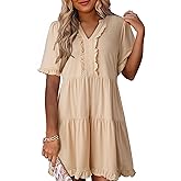 Dokotoo Women's V Neck Short Sleeve Tiered Ruffle Mini Skater Dress Casual Summer Swing Tunic Dress