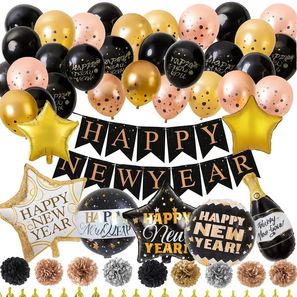 eBoutik - Large Set Happy New Year Decorations - Party Decor Accessories for Indoors & Outdoors Parties - New Years Eve Party Pack Bundle - Black, Pink, Gold