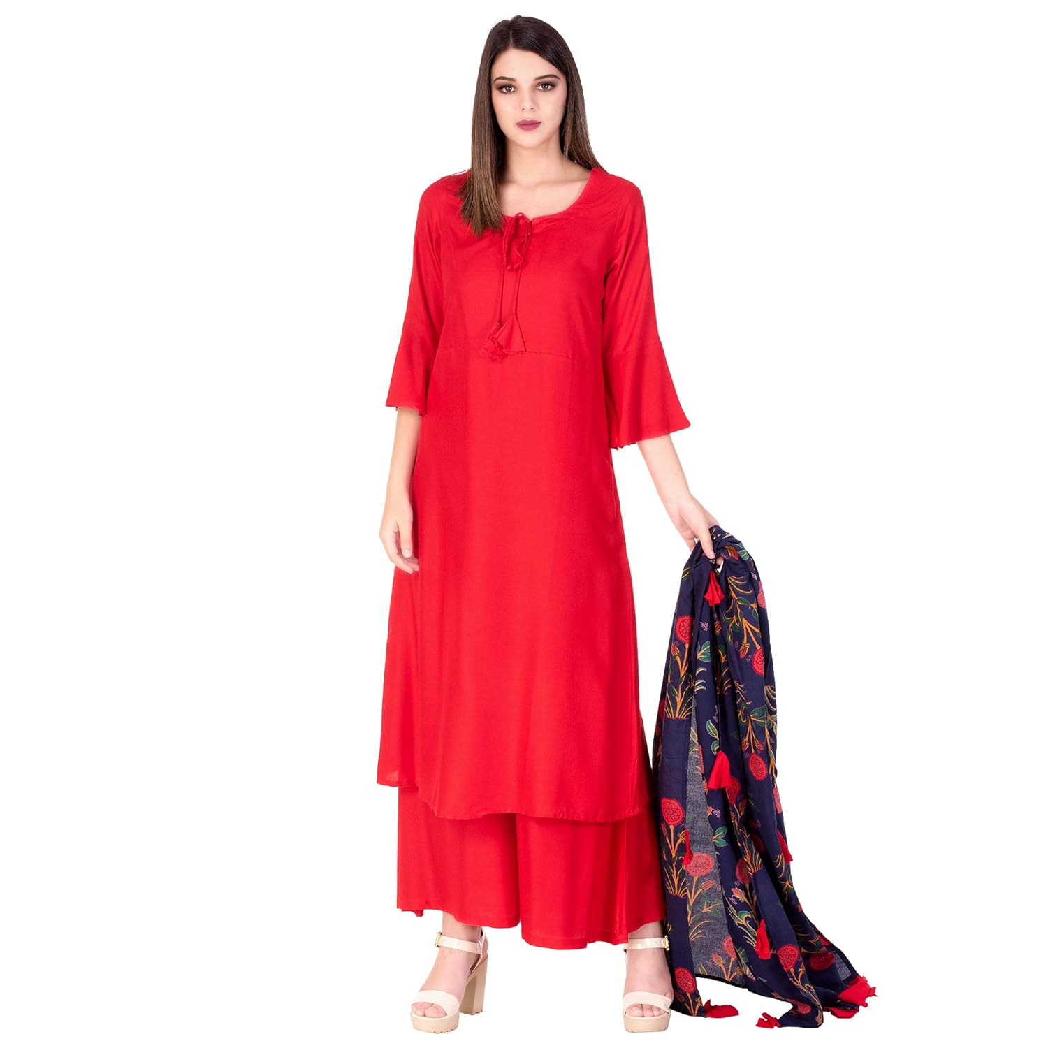 ortange readymade women's rayon kurta, palazzo with printed dupatta set
