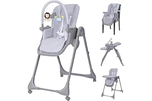 Ezebaby Baby High Chair, Folding High Chair with Adjustable Heigh and Recline, 2-in-1 Convertible to Dining Booster Seat, Portable High Chair for Toddlers with 4 Wheels and Toy Rack - Grey