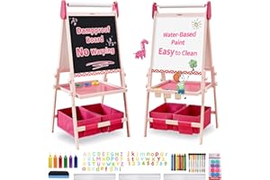 FUNLIO Anti-Warping Kids Art Easel, 3 Height Adjustable for Kids Aged 2-8, All-in-One Toddler Easel with Paper Roll & Erasable Frame, Standing Easel with Magnetic Chalkboard/Whiteboard (Pink)