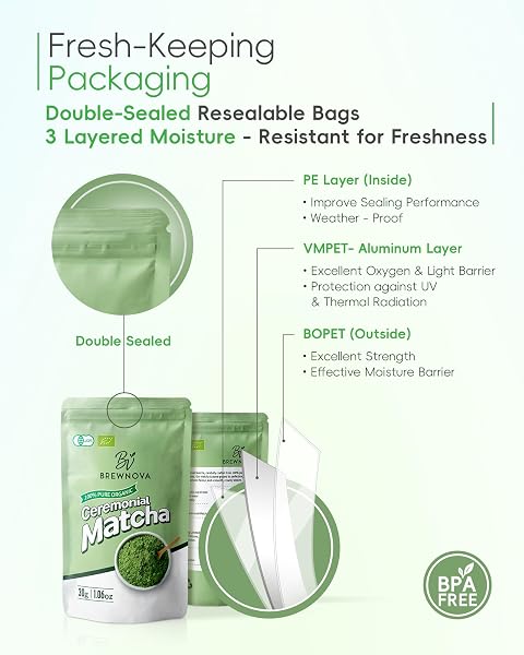 BREWNOVA CEREMONIAL GRADE MATCHA POWDER – PREMIUM ORGANIC SHADE-GROWN STONE-MILLED FIRST HARVEST UNSWEETENED GLUTEN-FREE VEGAN GREEN TEA FOR MATCHA LATTE, TEAS & RECIPES, 1.06OZ DOUBLE-SEAL PACK (30G)