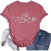VQD Womens Christian Shirt Christ Faith T-Shirts Bible Verse by Grace Through Faith Tee Tops