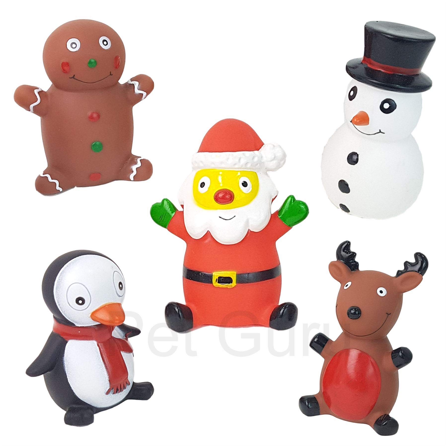 PACK OF 5 CHRISTMAS ASSORTED VINYL SQUEAKY DOG TOYS SANTA, REINDEER, SNOWMAN AND PENGUIN