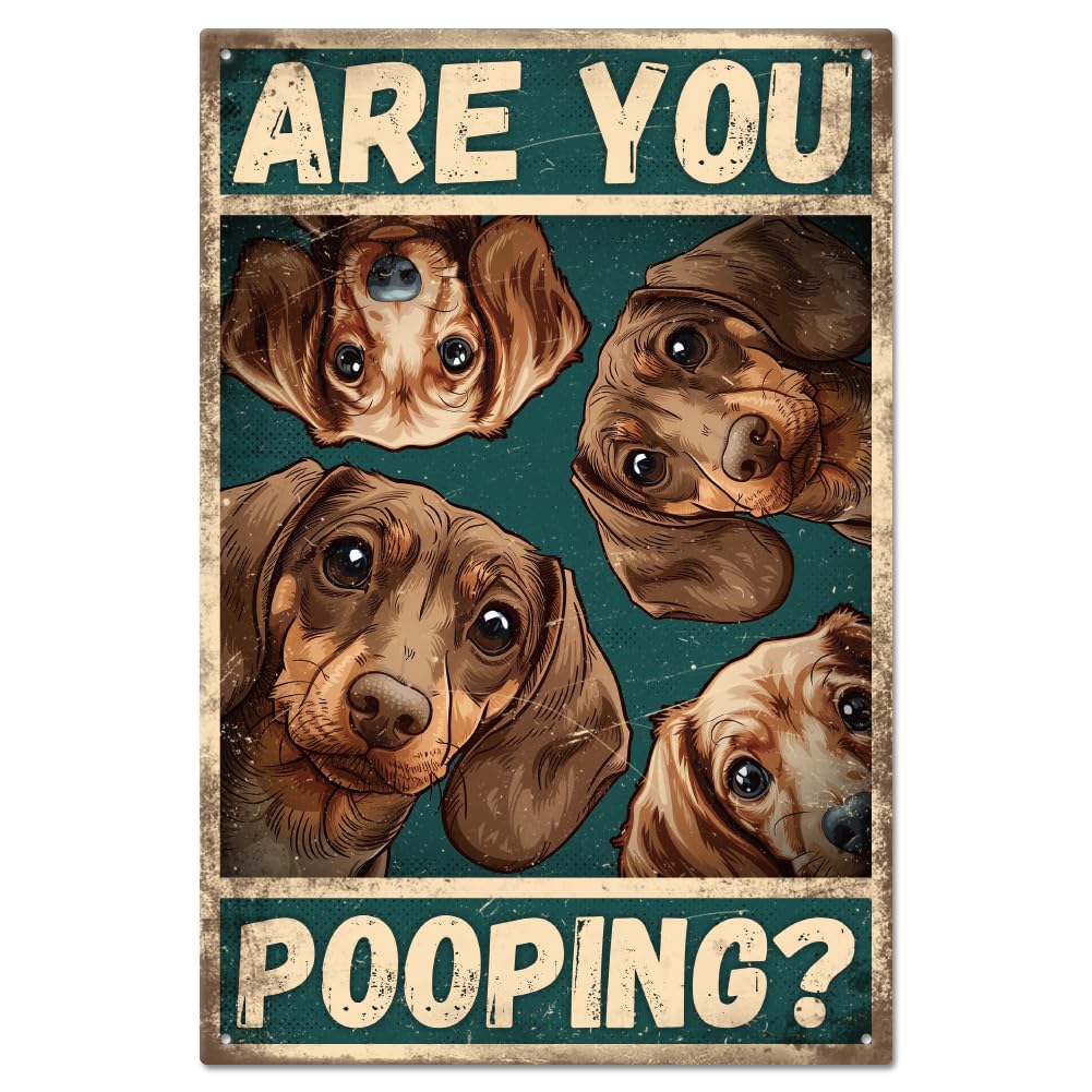 GLOBLELAND Vintage Dachshund are You Pooping Metal Tin Sign 8×12inch Retro Dogs Tin Room Door Sign Tin Painting Art Plaque Poster Wall Decor for Home Bathroom Club Decoration